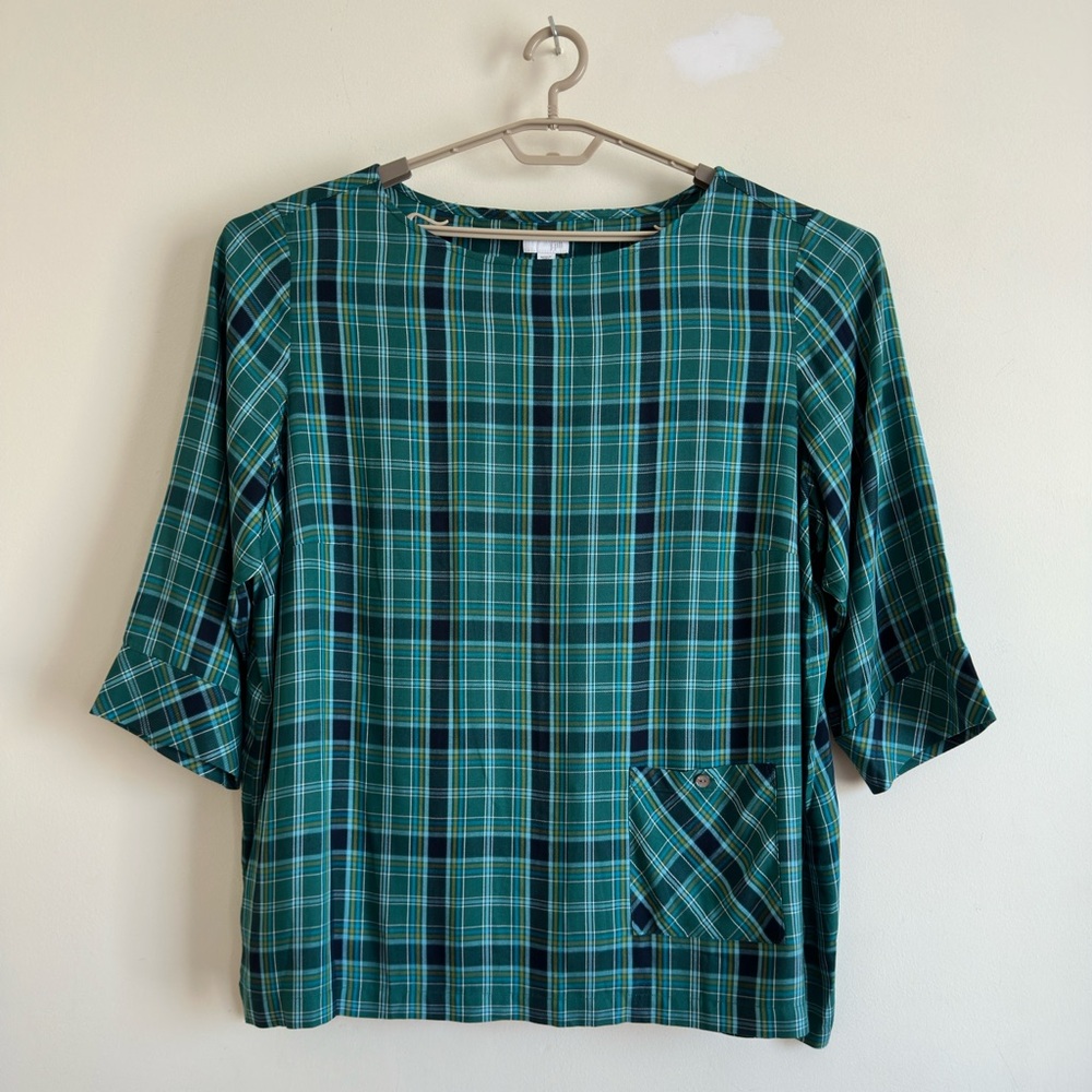 J. Jill Green Blue Plaid Tunic Top 3X NWT Boatneck 3/4 Sleeve Pocket Plus Sz - Picture 3 of 10